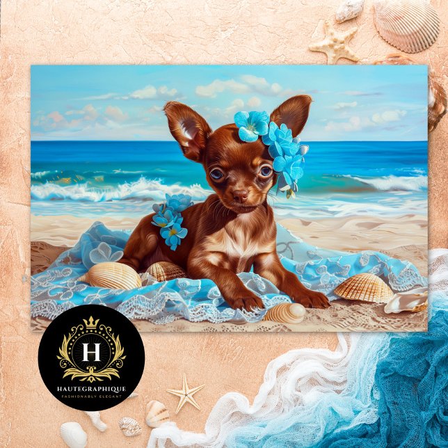 Chihuahua Puppy Blue Floral Beach Decoupage  Tissue Paper (Creator Uploaded)