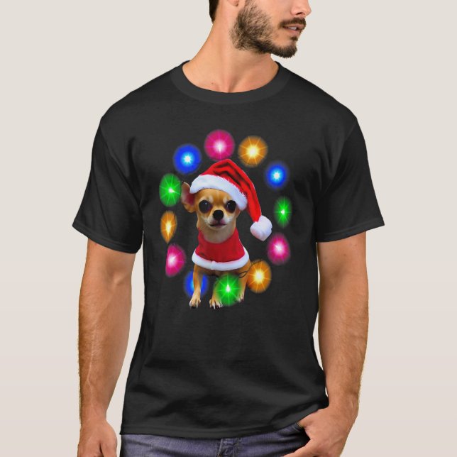 Chihuahua Puppy Christmas Lights Santa Hat T-Shirt (Front)
