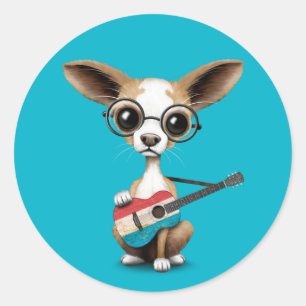 Chihuahua Puppy Dog Playing Luxembourg Flag Guitar Classic Round Sticker