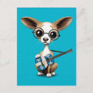 Chihuahua Puppy Dog Playing Quebec Flag Guitar Postcard
