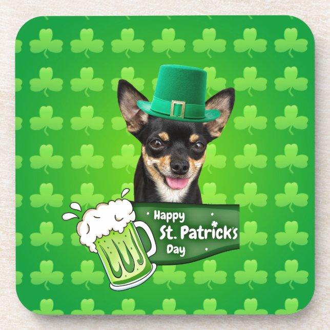Chihuahua Puppy Dog St. Patrick's Day Green Clover Coaster (Front)