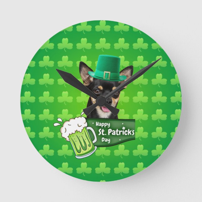 Chihuahua Puppy Dog St. Patrick's Day Green Clover Round Clock (Front)