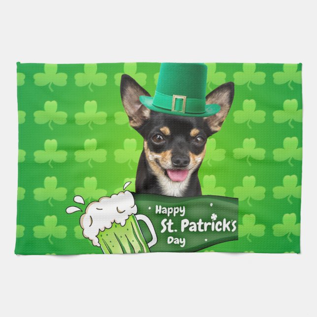 Chihuahua Puppy Dog St. Patrick's Day Green Clover Tea Towel (Horizontal)