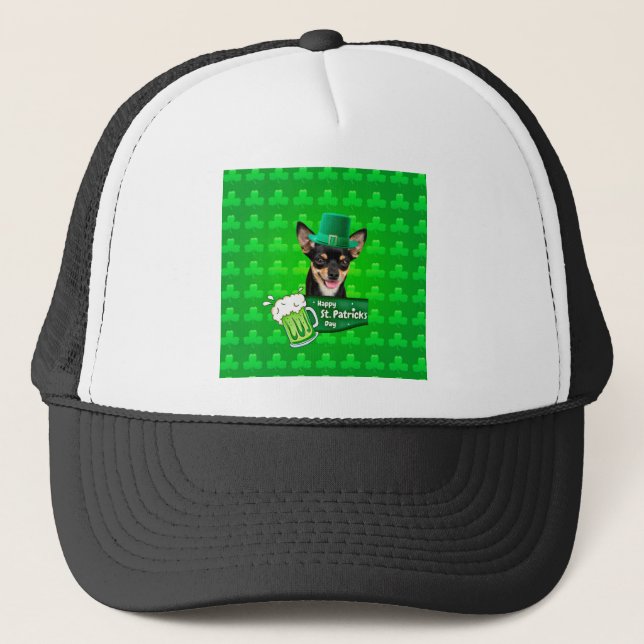 Chihuahua Puppy Dog St. Patrick's Day Green Clover Trucker Hat (Front)