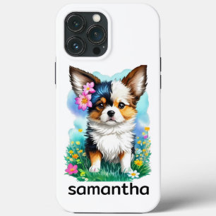 Chihuahua Puppy Dog with Flowers iPhone 13 Pro Max Case