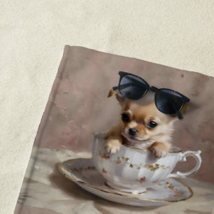 Chihuahua Puppy In A Teacup Oil Paint, Beach Towel