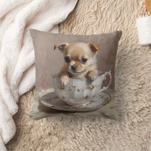 Chihuahua Puppy In A Teacup Oil Paint, Cushion