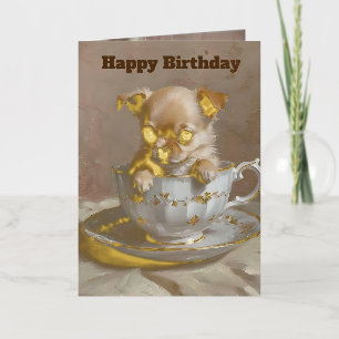 Chihuahua Puppy In A Teacup Oil Paint, Foil Greeting Card