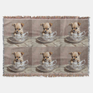 Chihuahua Puppy In A Teacup Oil Paint, Throw Blanket