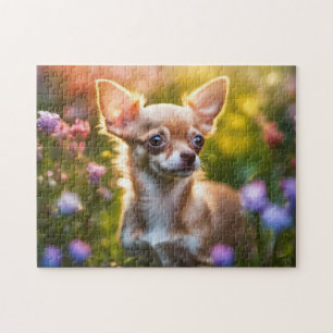 Chihuahua Puppy in Flower Field Jigsaw Puzzle