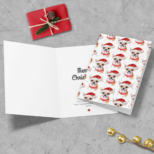 Chihuahua Puppy In Santa Hat Christmas Pattern Holiday Card