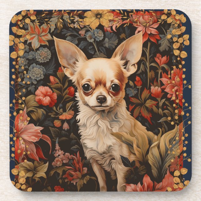 Chihuahua Puppy  in Style of William Morris Coaster (Front)