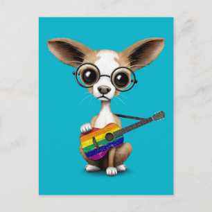 Chihuahua Puppy Playing Gay Pride Rainbow Guitar Postcard