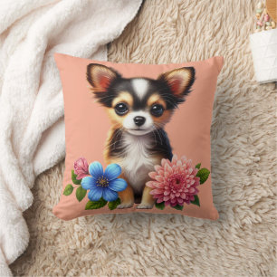 Chihuahua Puppy with Decorative Flowers Cushion