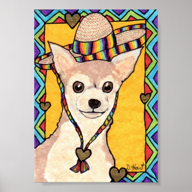 Chihuahua & Rainbow Sombrero Mini Mexican Folk Art Poster (Front)
