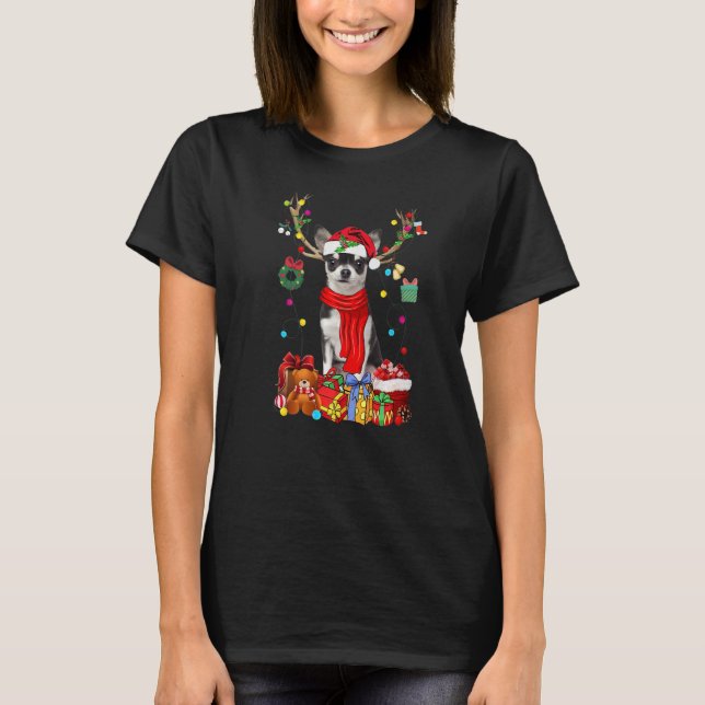 Chihuahua Reindeer Xmas Lights Merry Christmas T-Shirt (Front)