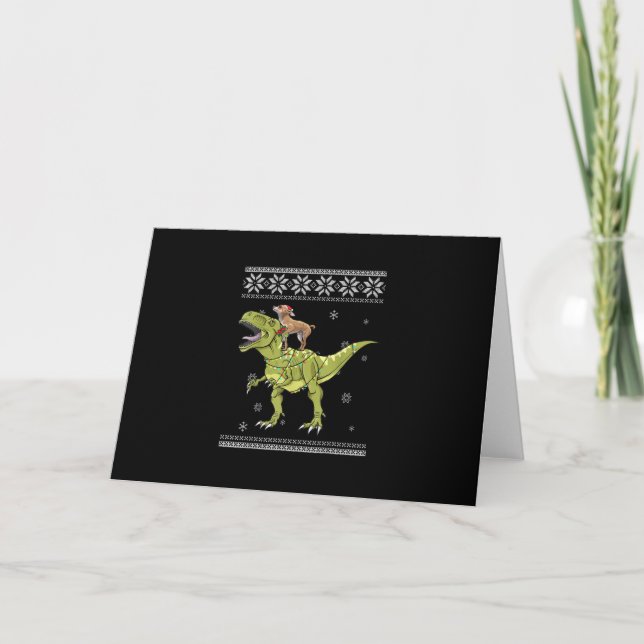 chihuahua riding  dinosaur christmas light holiday card (Front)