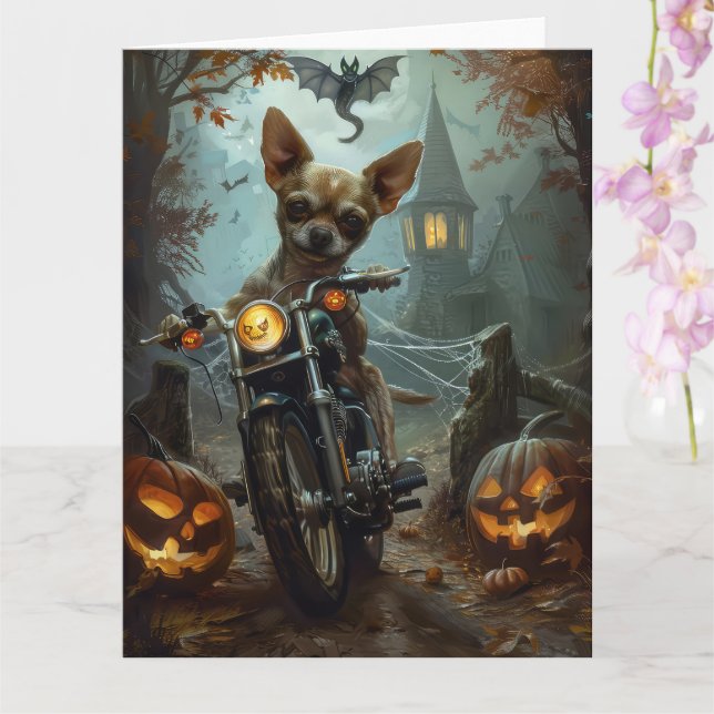 Chihuahua Riding Motorcycle Halloween Scary  Card (Orchid)