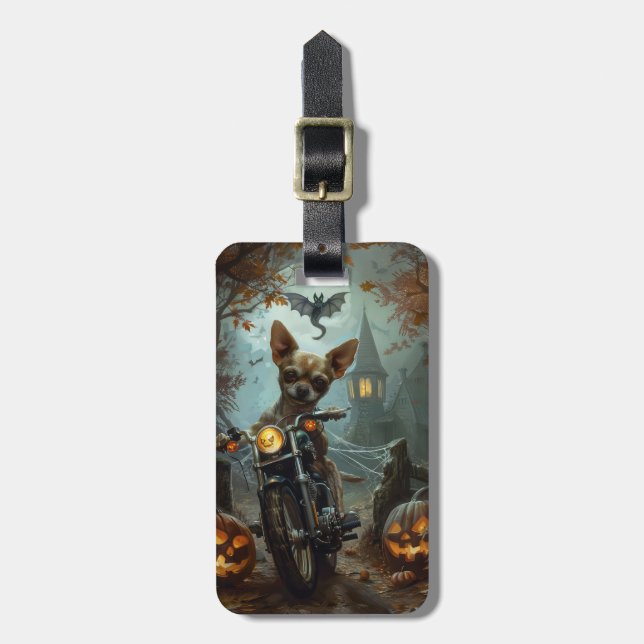 Chihuahua Riding Motorcycle Halloween Scary  Luggage Tag (Front Vertical)