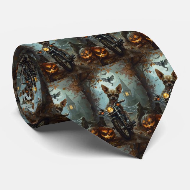 Chihuahua Riding Motorcycle Halloween Scary  Tie (Rolled)