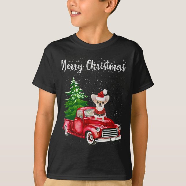 Chihuahua Riding Red Truck Merry Christmas Dog Lov T-Shirt (Front)
