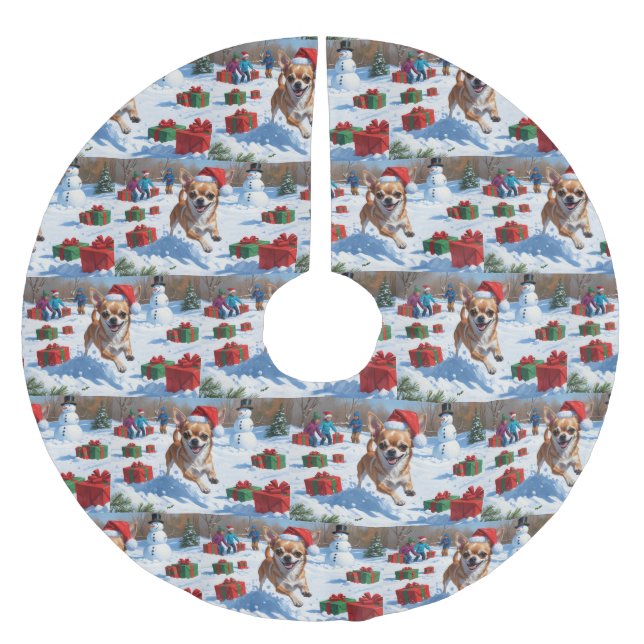 Chihuahua Running in Snow with Christmas Hat Brushed Polyester Tree Skirt (Front)