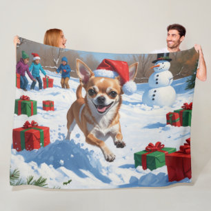 Chihuahua Running in Snow with Christmas Hat Fleece Blanket