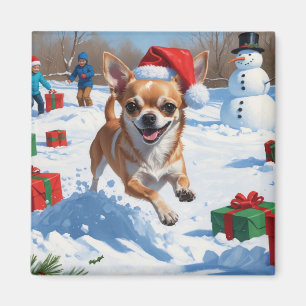 Chihuahua Running in Snow with Christmas Hat Magnet