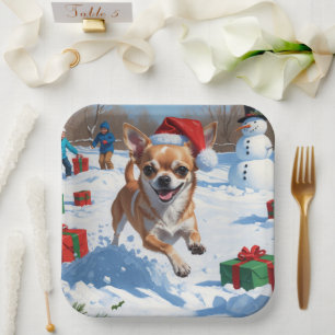 Chihuahua Running in Snow with Christmas Hat Paper Plate