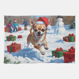 Chihuahua Running in Snow with Christmas Hat Tea Towel