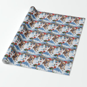Chihuahua Running in Snow with Christmas Hat Wrapping Paper