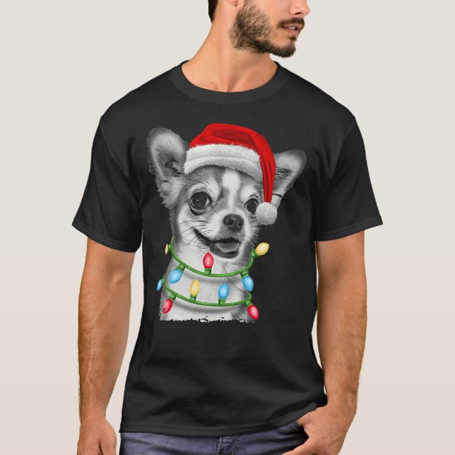 Chihuahua Santa Christmas Tree Lights Xmas T-Shirt (Front)