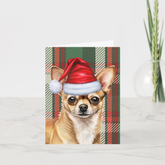 Chihuahua Santa Dog Red Green Plaid Christmas Holiday Card (Front)