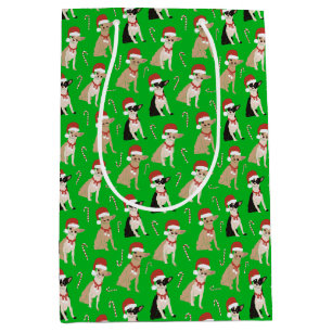 Chihuahua Santa Hat Candy Cane Green Christmas  Medium Gift Bag