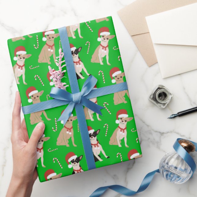 Chihuahua Santa Hat Candy Cane Green Christmas  Wrapping Paper (Gifting)