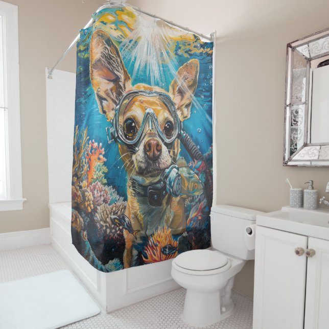 Chihuahua Scuba Diving Underwater Shower Curtain (In Situ)