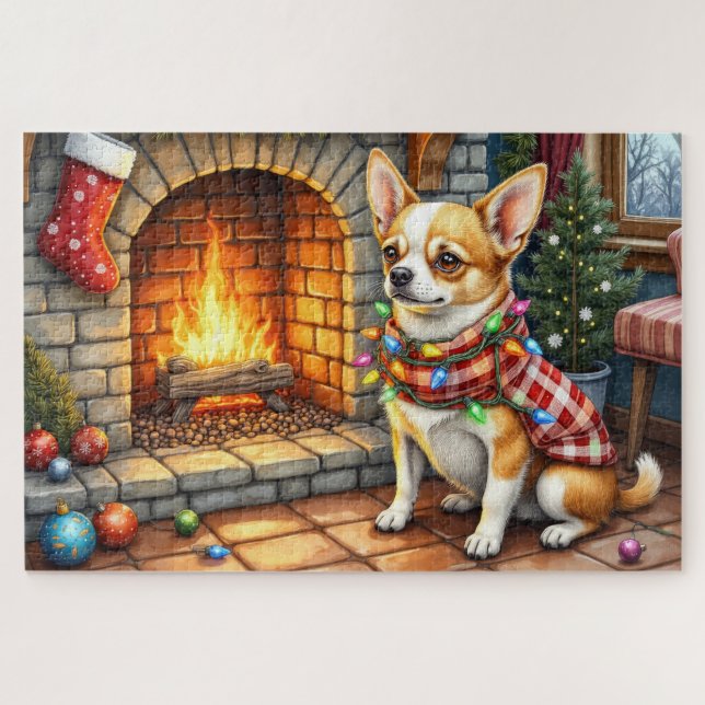 Chihuahua Sitting Fireplace with Christmas Lights Jigsaw Puzzle (Horizontal)