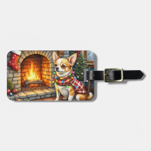 Chihuahua Sitting Fireplace with Christmas Lights Luggage Tag