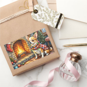 Chihuahua Sitting Fireplace with Christmas Lights Rectangular Sticker