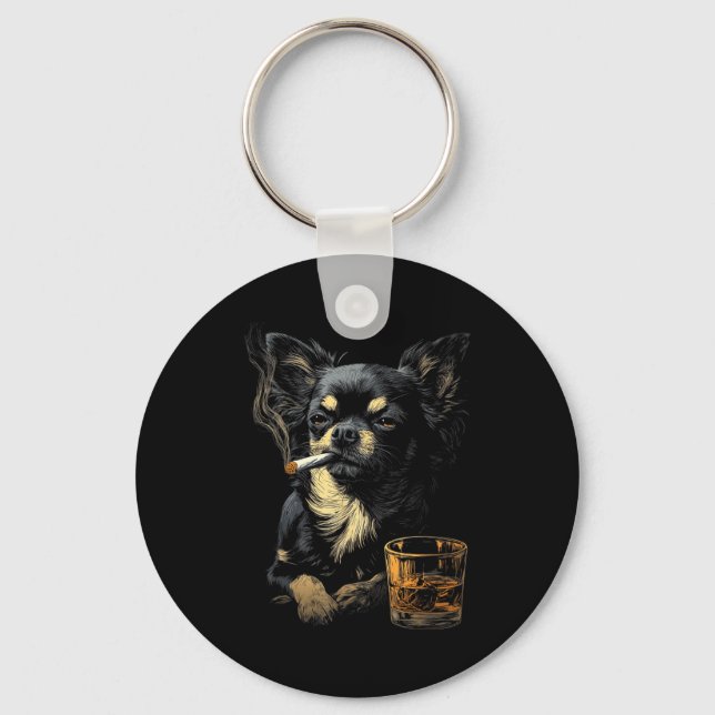 Chihuahua Smoking Cigarette Whisky Lover Funny Dog Key Ring (Front)