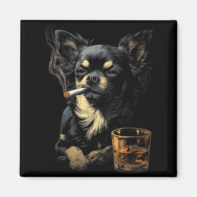 Chihuahua Smoking Cigarette Whisky Lover Funny Dog Magnet (Front)