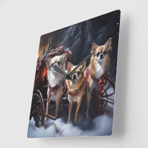 Chihuahua Snowy Sleigh Christmas Decor  Square Wall Clock