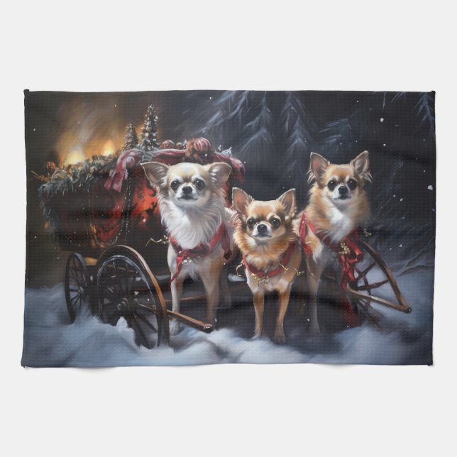 Chihuahua Snowy Sleigh Christmas Decor   Tea Towel (Horizontal)