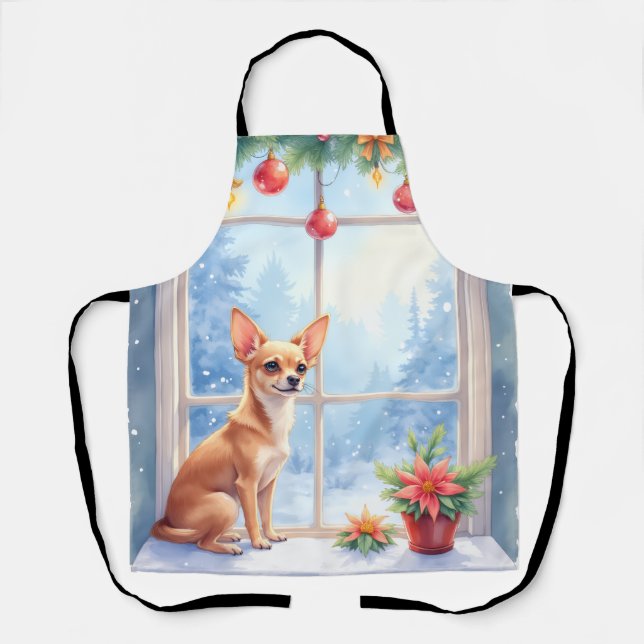 Chihuahua Snowy Windowsill Holiday Christmas Art Apron (Front)