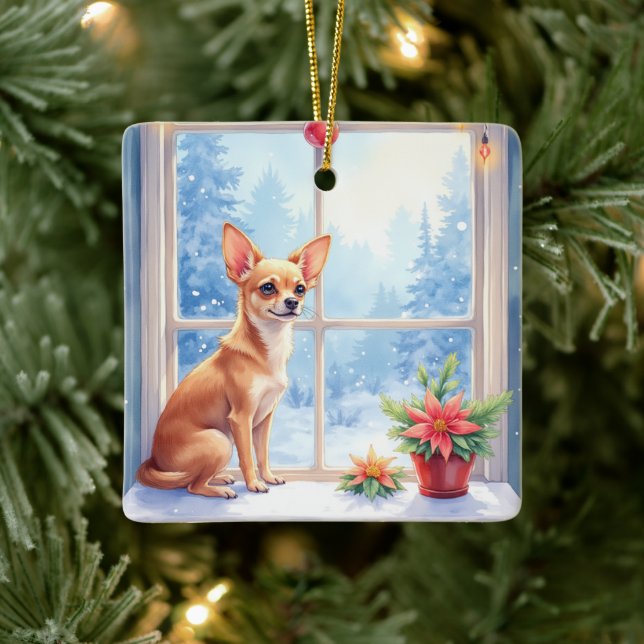 Chihuahua Snowy Windowsill Holiday Christmas Art Ceramic Ornament (Tree)