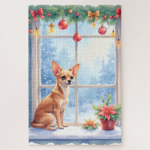 Chihuahua Snowy Windowsill Holiday Christmas Art Jigsaw Puzzle