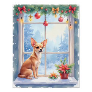 Chihuahua Snowy Windowsill Holiday Christmas Art Poster
