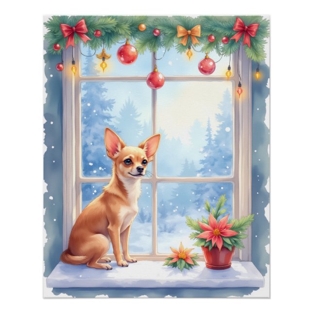 Chihuahua Snowy Windowsill Holiday Christmas Art Poster (Front)