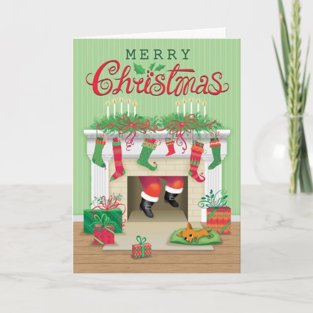 Chihuahua Spying On Santa Coming Down Chimney Holiday Card (Front)