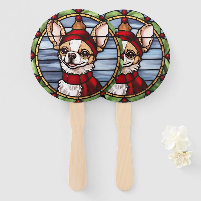 Chihuahua Stained Glass Christmas Hand Fan (Front and Back)